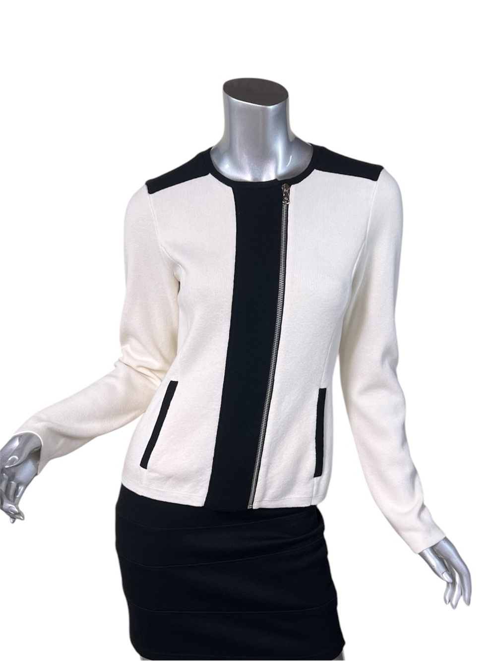 Ralph Lauren LRL Sweater Jacket Cream Black Full Zip Asymmetrical Women’s SMALL